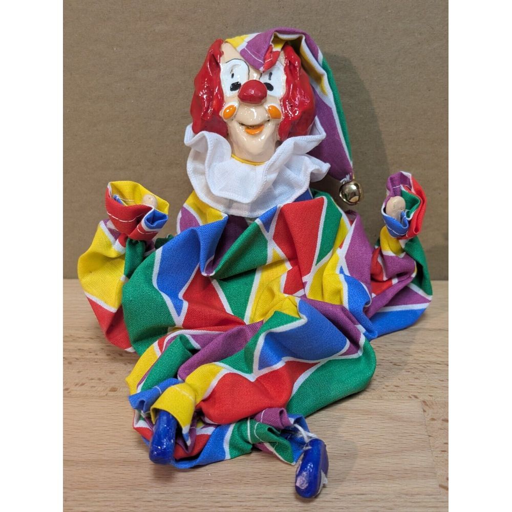 Hand Painted Clown Bendable Porcelain Doll Sitting Handmade Ceramics Decoration